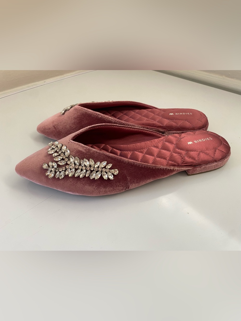 Birdies The Swan Mules Women 8.5 Pink Velvet Crystal Embellished Pointed Toe